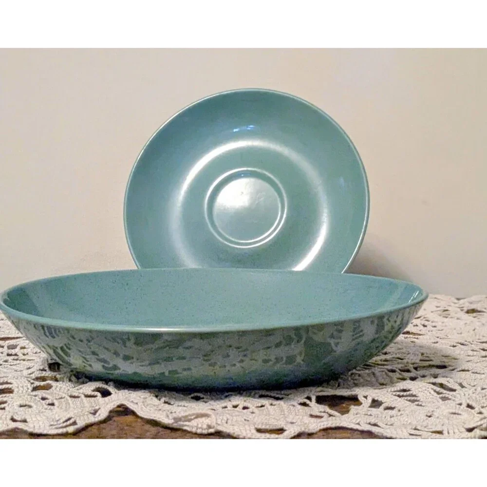 Vintage Taylor Smith Taylor Pebbleford Teal Oval Vegetable Bowl & Saucer,...